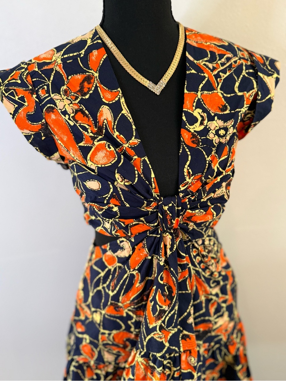 A.L.C. Printed Cotton Dress Size 2 Navy Orange Boho Tie Front Mini - Picture 8 of 11